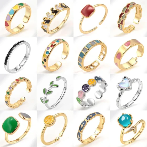 Versatile and Unique Enamel Jewelry: Colorful Enamel Gold-Plated Open Ring INS Wind Hollow Adjustable Enamel Ring