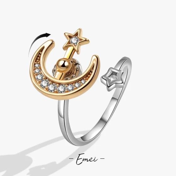 New foreign trade model star and moon rotating ring for women European and American light luxury diamond-studded star and moon open adjustable stress-relief ring