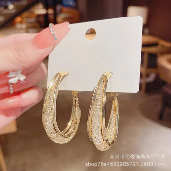 Metal earrings with hollow mesh crystal hoops, high-end fashion earrings with a stylish and delicate design, oval-shaped for women