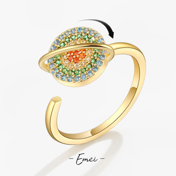 Popular Rotating Colorful Diamond Ring for Women ins Trendy designer-style planet index finger ring, simple open ring