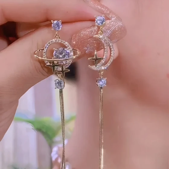 New Fashionable Earrings: Star and Moon Style Asymmetric Earrings, New Korean Version, Unique Long Tassel Stud Earrings
