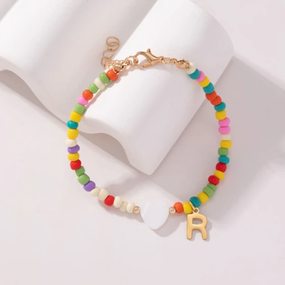 Colorful seed bead and shell heart-shaped English letter bracelet, niche high-end jewelry accessory