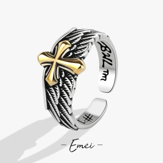 Vintage Thai Silver Angel Wings Cross Open Ring, Bold and Unique Adjustable Ring for Men