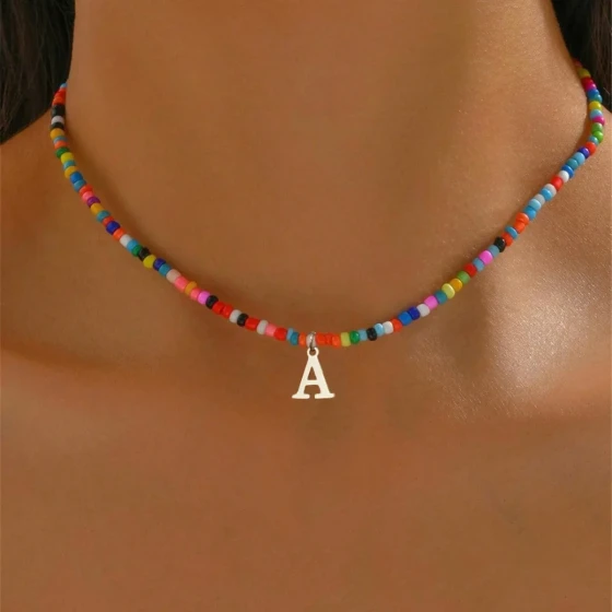 European and American minimalist luxury26English alphabet creative colorful seed bead necklace for women, popular accessory