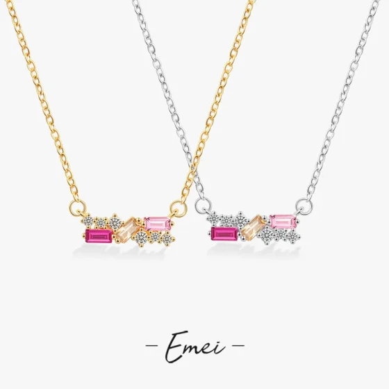 Japanese light luxury rainbow candy-colored necklace for women, geometric square red, yellow, pink zirconium gold-plated necklace