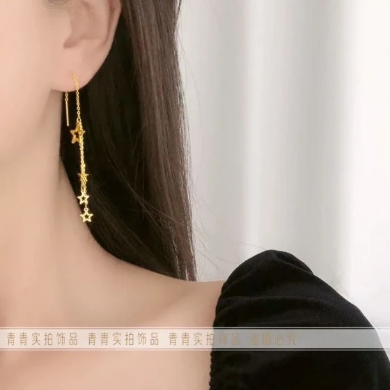 Anti-fade titanium steel star earrings for women, long tassel earrings with pentagram design, hypoallergenic and slimming effect