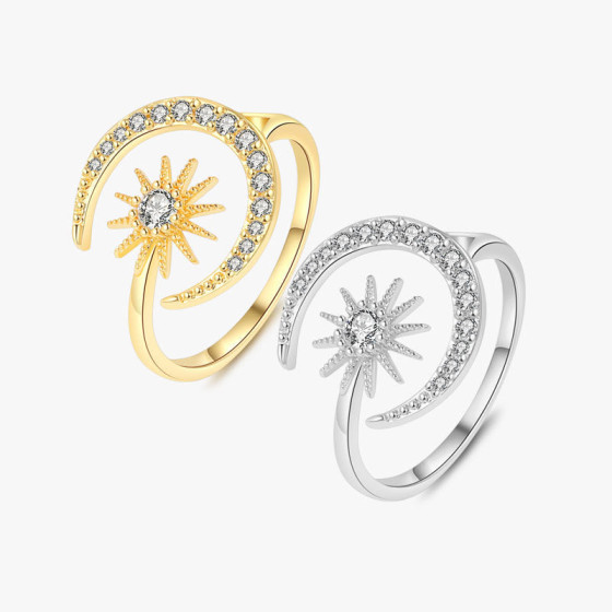 ins Wind Star Moon Ring Adjustable open ring with diamonds, popular online style, light luxury sun and moon gold-plated jewelry