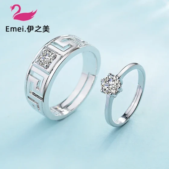 Classic Hollow Six-Prong Zirconia Diamond Inlaid Open Adjustable Silver-Plated Couple's Rings, A Pair of Proposal Jewelry