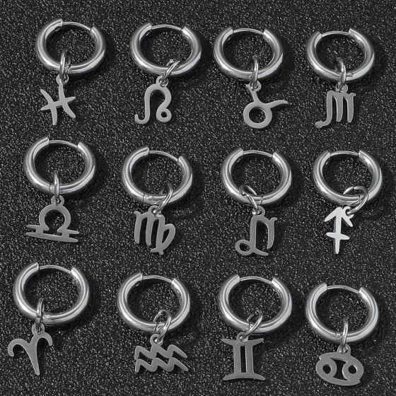 Twelve Zodiac Stainless Steel Earrings for Men and Women, Personalized Titanium Steel Ear Clips, Non-Fading Round Hoop Earrings, Fashionable Electroplated Earrings