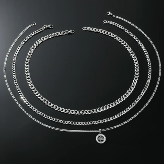 New Simple Hip-Hop Titanium Steel Chain Three-Piece Necklace Set for Men, Tech-Inspired Stainless Steel Hand Jewelry