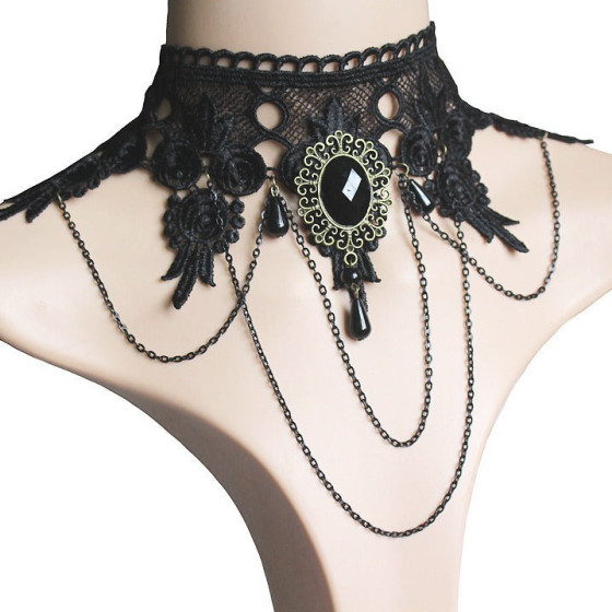 Party Queen Gemstone Wide Neck Black Lace Necklace Punk dress accessory fake collar