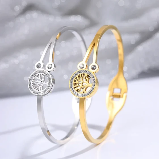 New European and American stainless steel bracelets ins Wind Life Tree Open-Ended Diamond-Studded Clasp High-Grade Non-Fading Titanium Steel Bracelet