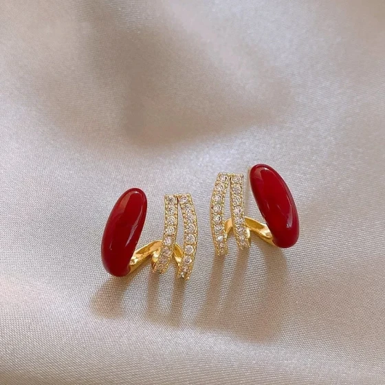 Ankora Red Vintage New Style Diamond-Studded Simple Red Earrings, Autumn/Winter Bestseller, Fashionable, Sophisticated, Versatile Trendy Ear Accessories
