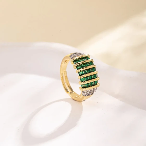 Copper-plated micro-inlaid colored diamond zircon horizontal wide ring, niche high-end feel, adjustable open ring, vintage style