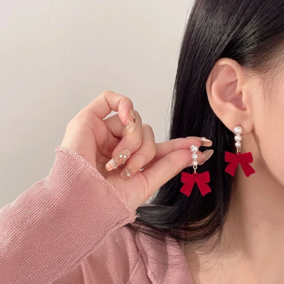S925Silver Needle Korean Minimalist Red Bowknot Pearl Plush Light Luxury Niche Elegant High-End Design Earrings