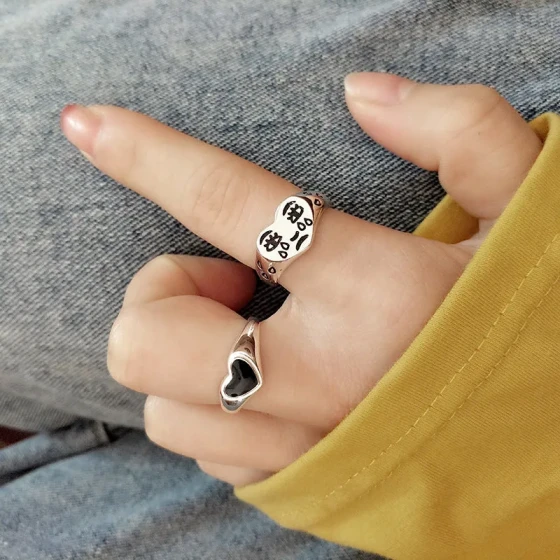 New black heart-shaped simple fashion ring, trendy women's accessory, open teardrop expression vintage Thai silver ring jewelry
