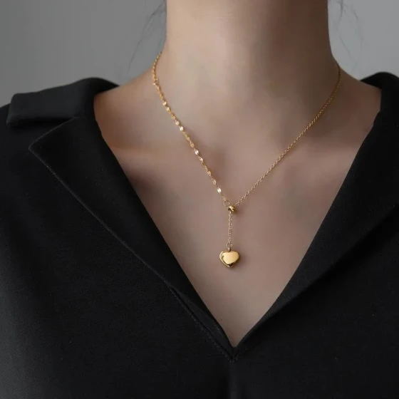 Pull-out heart tassel18K Gold titanium steel necklace, feminine choker, European and American style ins Minimalist pendant accessory
