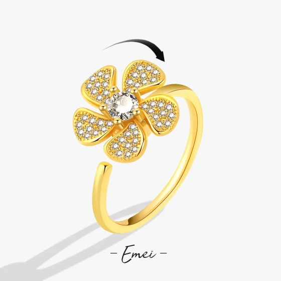 Korean-style simple rotatable flower ring Micro-inlaid zircon open ring, fresh and trendy ins Trendy jewelry