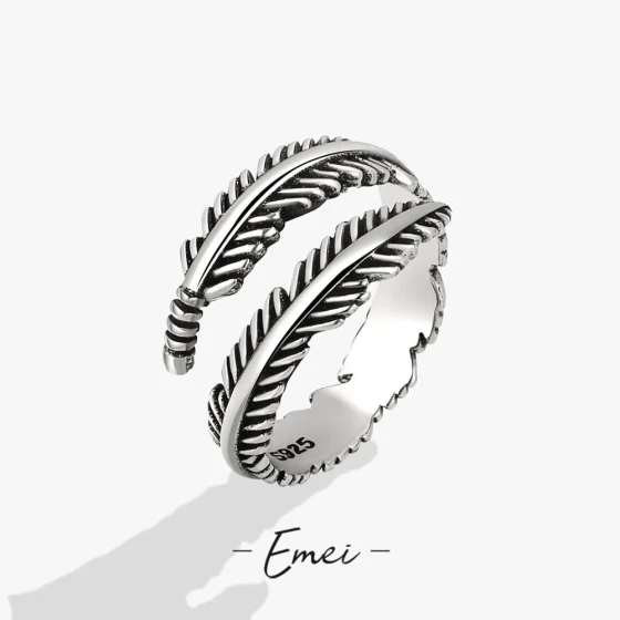 Tree leaf feather Thai silver open ring Minimalist Vintage Roman Ring ins Wind