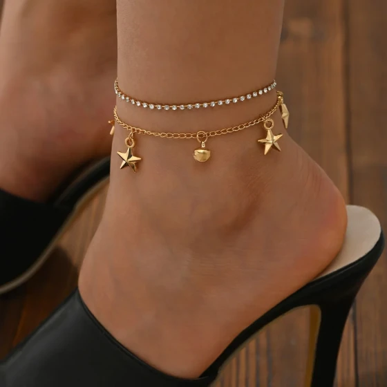 New European and American fashion zircon five-pointed star bell double-layer anklet for women, niche versatile and stylish foot accessory