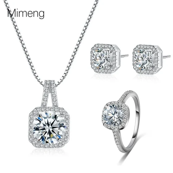 New square zircon ring, simple and stylish with a high-end feel, personalized earrings and necklace three-piece set for women