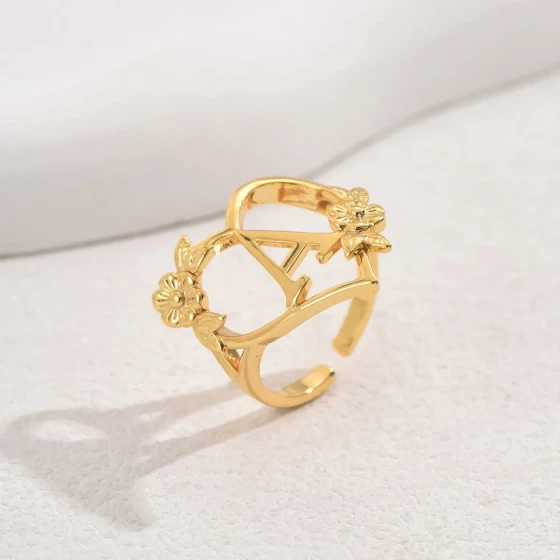 European and American fashion light luxury floral hollow design26English letter open ring for women, niche and versatile