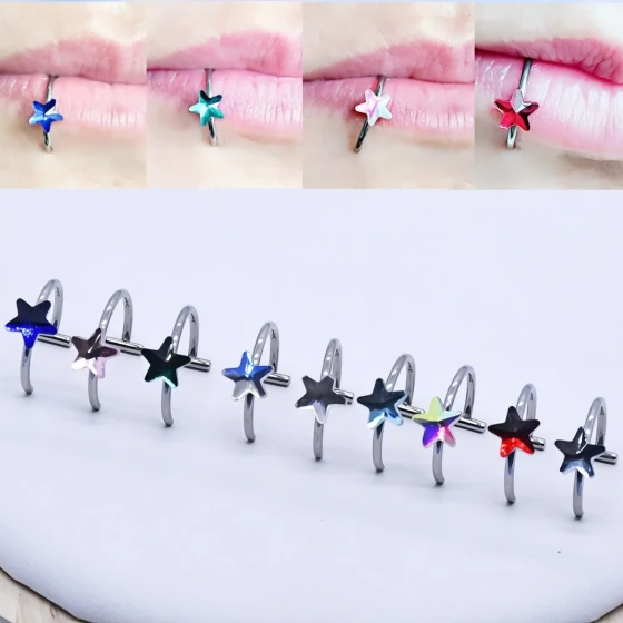 Small stainless steel Korean-style fashionable and simple pentagram zircon lip ring Ornament Hot girl street style
