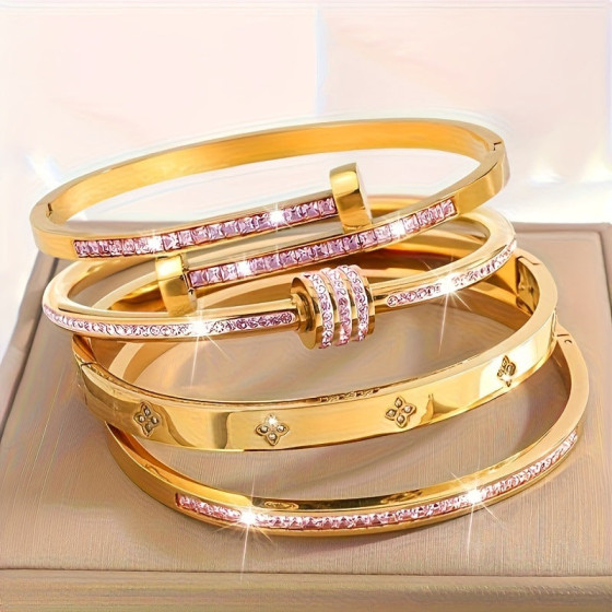 Popular4Set of stainless steel bracelets with diamonds for women, high-end versatile titanium steel bracelets that do not fade, in pink gold