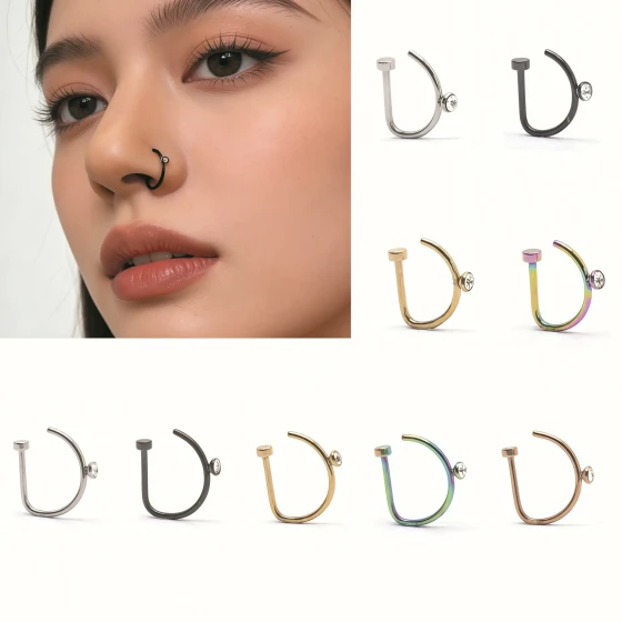 Stainless steel with diamonds D Shaped nose ring Non-piercing fake nose stud accessory