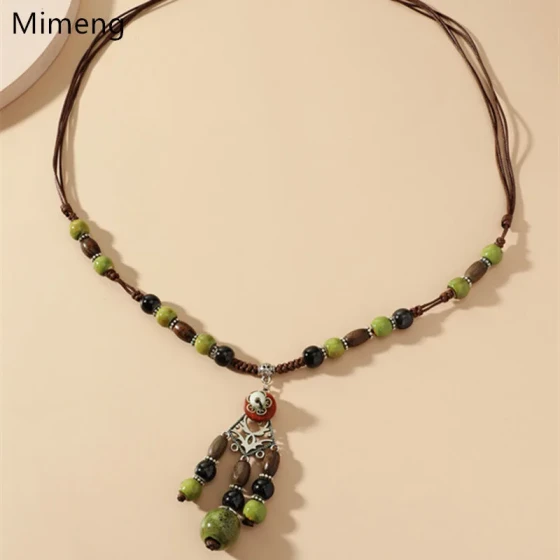 Vintage Ethnic Style Versatile Sweater Chain Ceramic Bohemian Necklace Women's Accessories Pendant Decoration