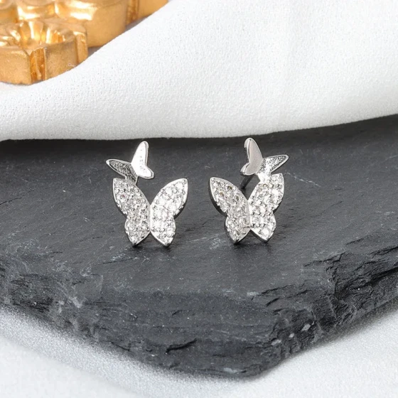 Korean and Japanese style, artistic and fresh, gift for girlfriends and students 3D Animal Two Butterflies Stud Earrings for Women