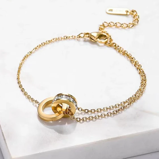 Double-ring spliced Roman font titanium steel bracelet for women, versatile and non-fading gold jewelry, niche design, light luxury accessory