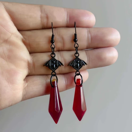 Original Gothic Jewelry Black Bat with Red Teardrop Crystal Earrings