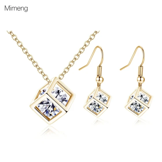 Minimalist Rubik's Cube Jewelry Copper inlaid zircon square ear hook necklace set Water Cube Zircon Set Korean style