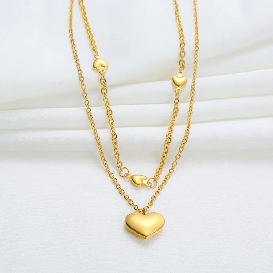 Super fairy-like, elegant and sweet heart-shaped pendant titanium steel necklace, stylish double-layer fashion choker, simple design clavicle chain