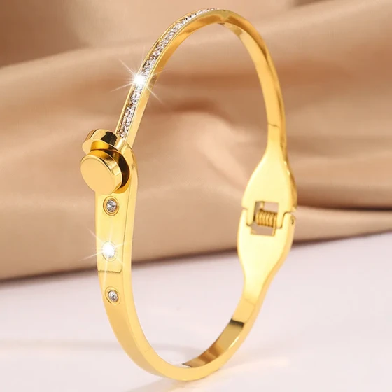 European and American fashion best-selling titanium steel bracelet for women, high-end horseshoe-shaped diamond-studded spring-open circular bracelet jewelry
