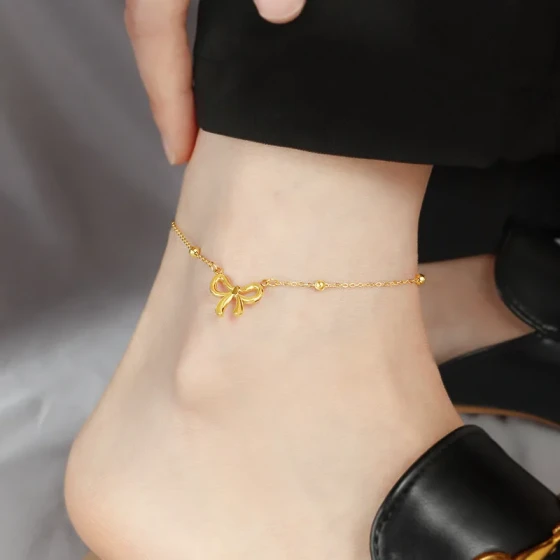 Light luxury beaded bow anklet for women, unique and elegant with a high-end feel gold Light luxury titanium steel that does not fade ins Ankle bracelet