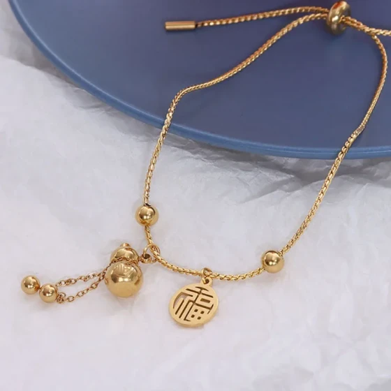 18K Gold design jewelry, fortune gourd pull-out bracelet, titanium steel material, niche versatile pendant for women