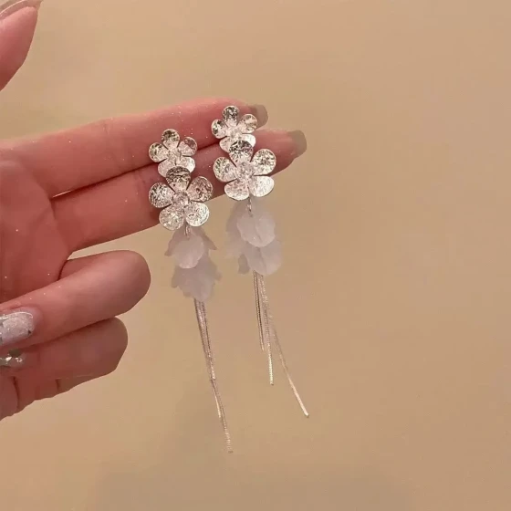 Super Shiny Zircon Flower Snowy Night Camellia Stud Earrings, Floral Resort Style Long Tassel Earrings, High-End Earrings for Square and Round Faces
