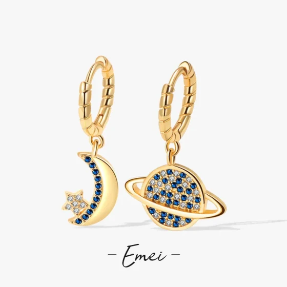 Asymmetrical planet and moon earrings, unique and stylish, full of diamonds, elegant and fashionable, high-end earrings