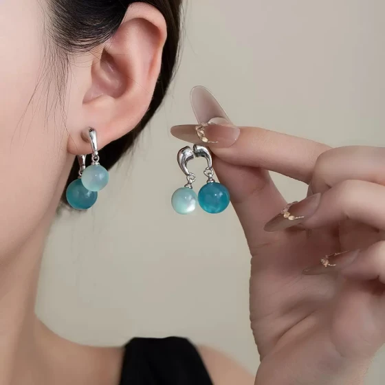 Cool Summer~Icy blue round ball earrings for women, unique new niche design, front and back wear earrings