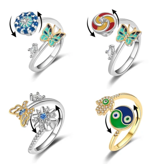 European and American Creativity4Set of rotating rings for men and women Adjustable zirconia flower butterfly resin women's ring factory