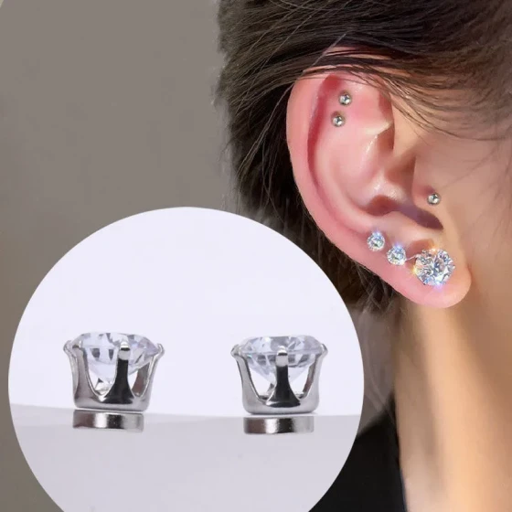 New stainless steel zircon magnetic ear clips for girls, no piercing required, no ear holes needed, sparkling magnetic earrings with zircon