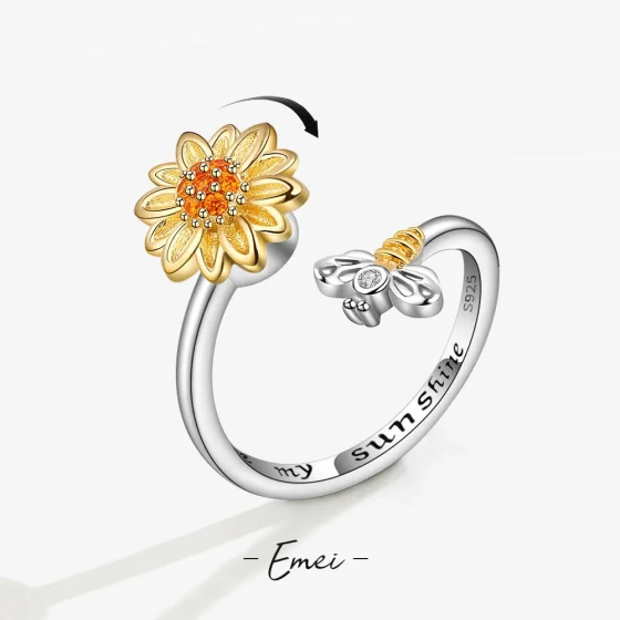 Sunflower Rotation Fidget Women's Open Ring with Bee Design, Stress-Relief Ring, Christmas Jewelry Gift