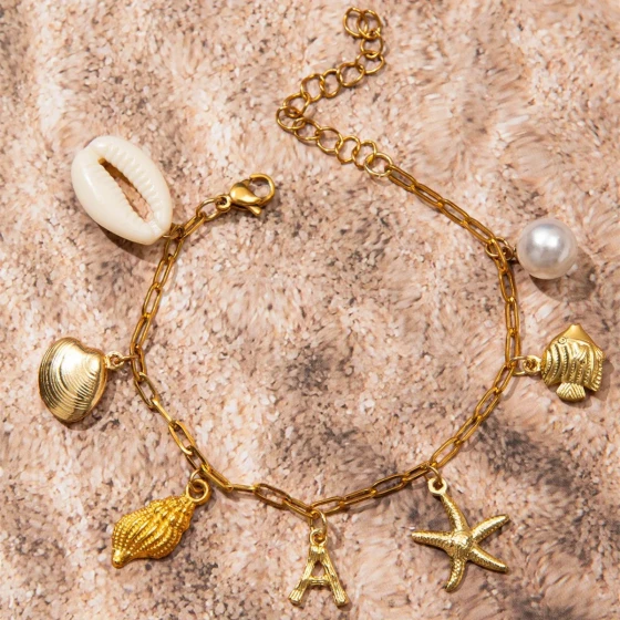 New European and American Ocean Style Series Vacation Shell Pearl Starfish Letter Bracelet for Women, Popular Accessories