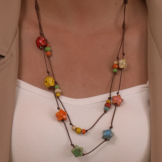 Simple long multicolored beaded braided rope ceramic necklace, vintage ethnic style niche sweater chain
