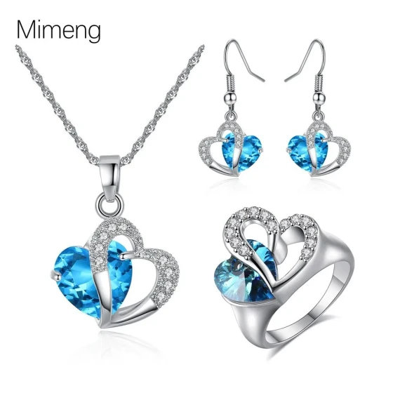 Korean-style crystal zircon heart-shaped necklace, earrings, and ring set Popular in Europe and America diy Christmas Gift
