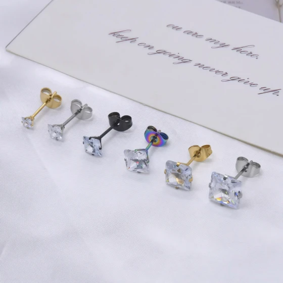 Fashion Stainless steel four-prong square zirconia stud earrings Unisex earrings made of medical-grade stainless steel