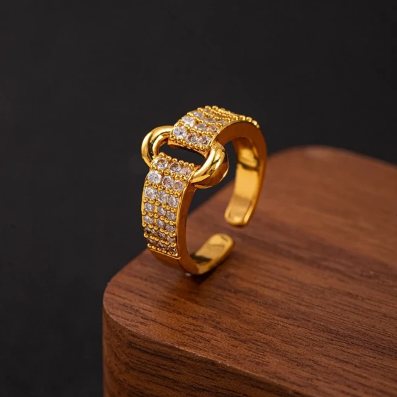 Luxury Hip-Hop Hollow Geometric Double Buckle Full Diamond Zircon High-End Niche Versatile Ring Live Stream