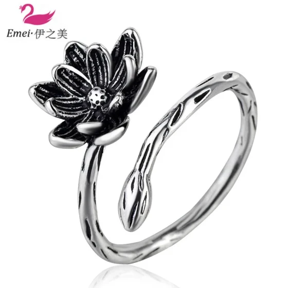 Black-dyed creative retro personalized ring, lotus open ring, handmade minimalist style jewelry